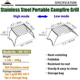 Folding Campfire Grill with Legs - Stainless Steel